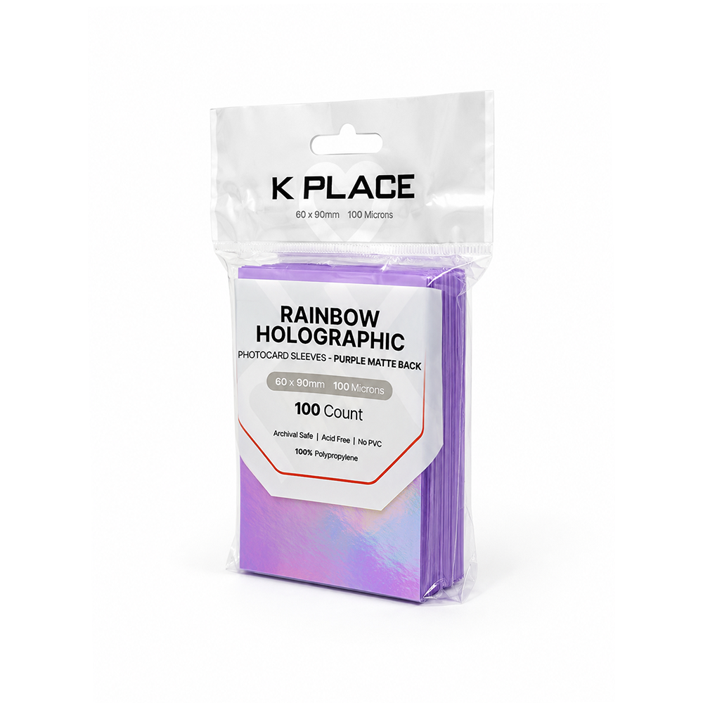 Rainbow Holographic Photocard Sleeves Purple Matte Back 60 × 90mm 100 Microns 100 Count - Main Image