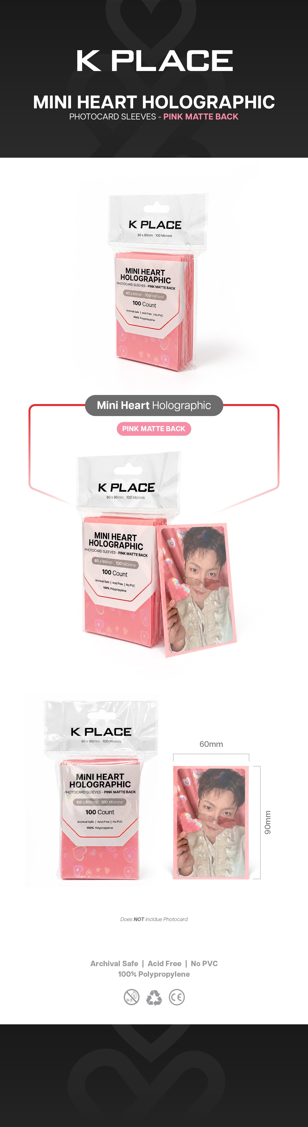 Heart Holographic Photocard Sleeves - Pink Matte Back, 60 × 90mm, 100 Microns [100 Count] gallery image 1