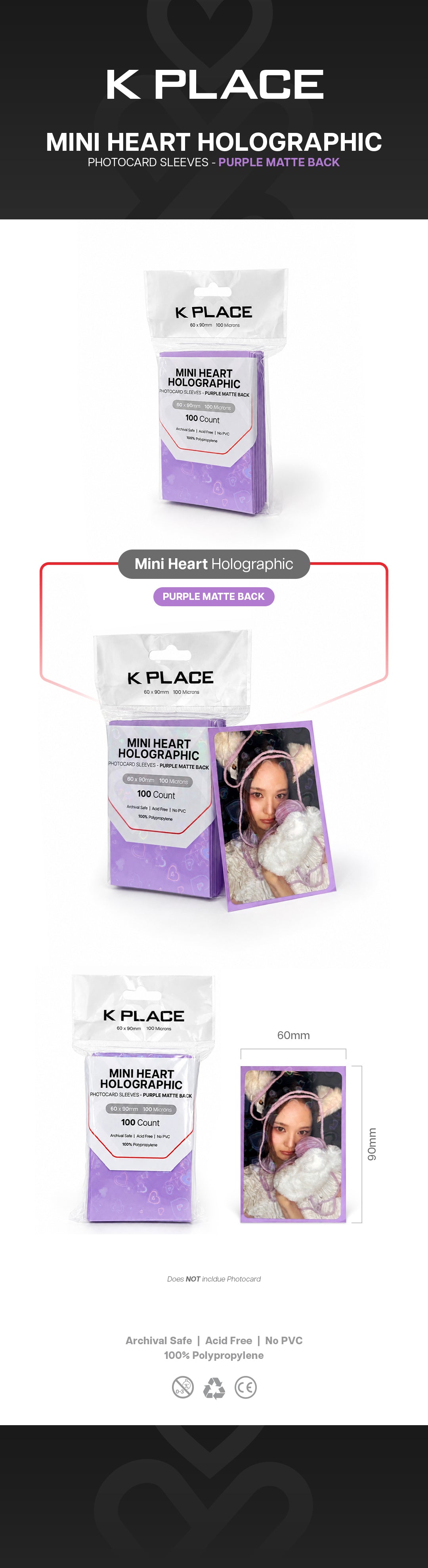 Heart Holographic Photocard Sleeves - Purple Matte Back, 60 × 90mm, 100 Microns [100 Count] gallery image 1