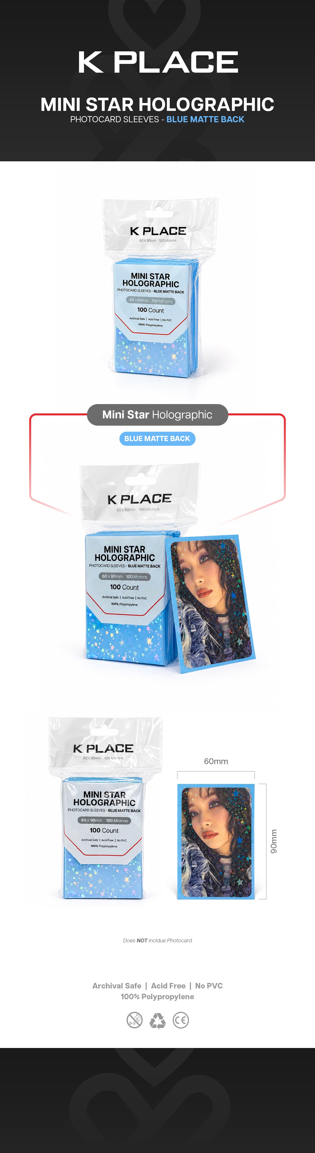 Mini Star Holographic Photocard Sleeves - Blue Matte Back, 60 × 90mm, 100 Microns [100 Count] gallery image 1
