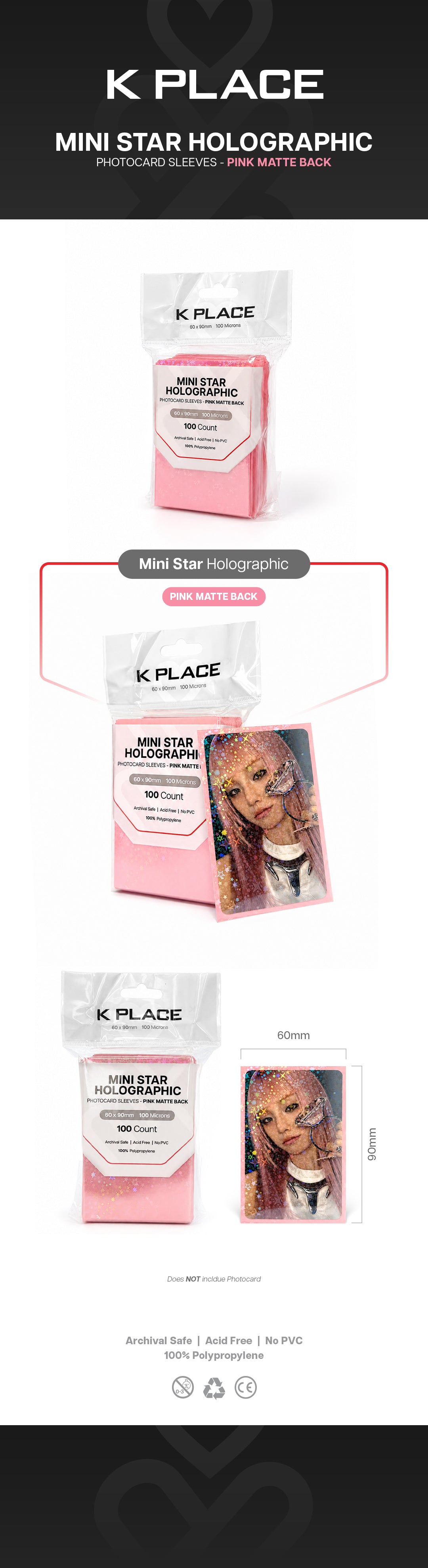 Mini Star Holographic Photocard Sleeves - Pink Matte Back, 60 × 90mm, 100 Microns [100 Count] gallery image 1