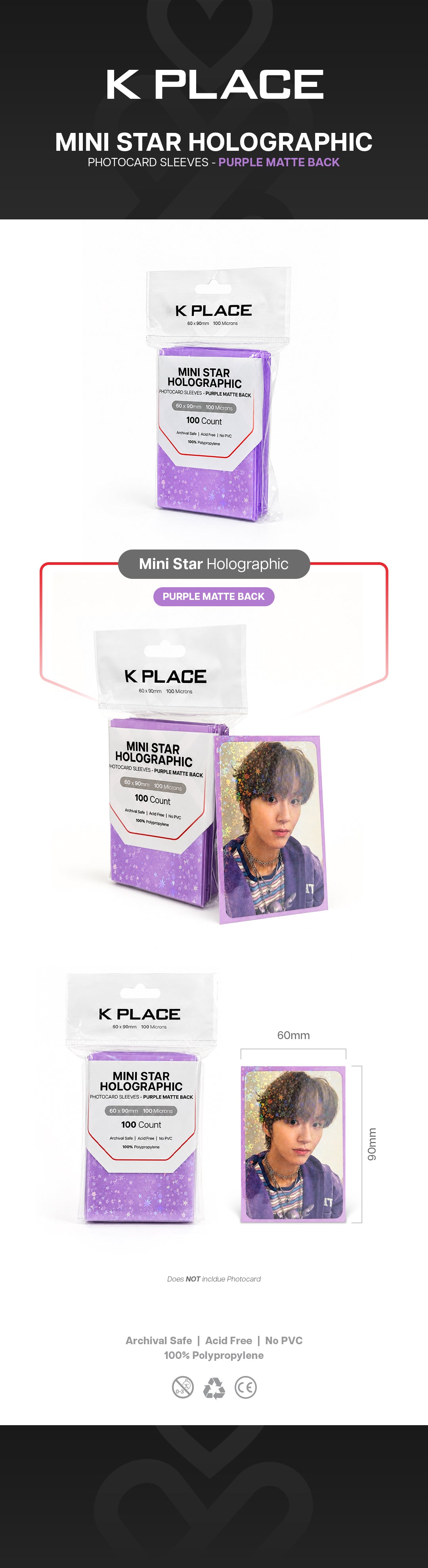Mini Star Holographic Photocard Sleeves - Purple Matte Back, 60 × 90mm, 100 Microns [100 Count] gallery image 1