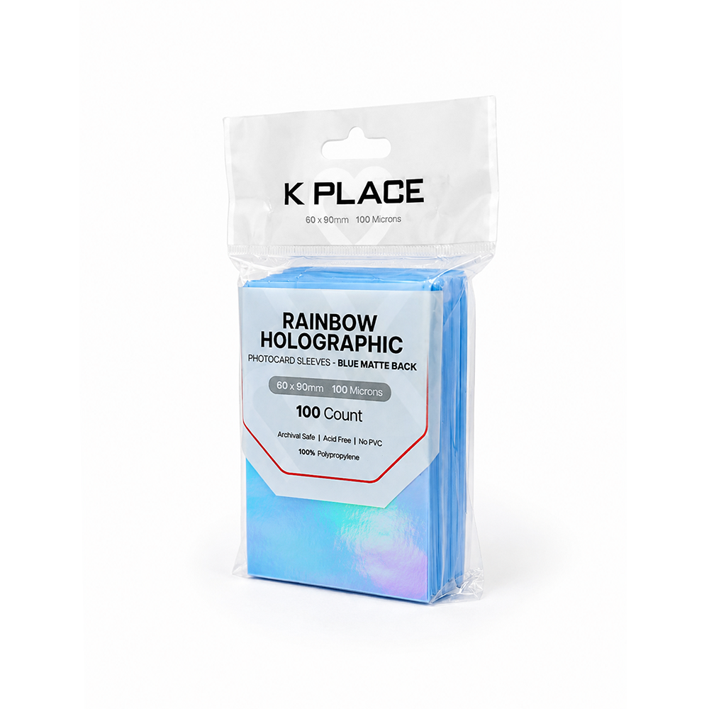 Rainbow Holographic Photocard Sleeves Blue Matte Back 60 × 90mm 100 Microns 100 Count - Main Image