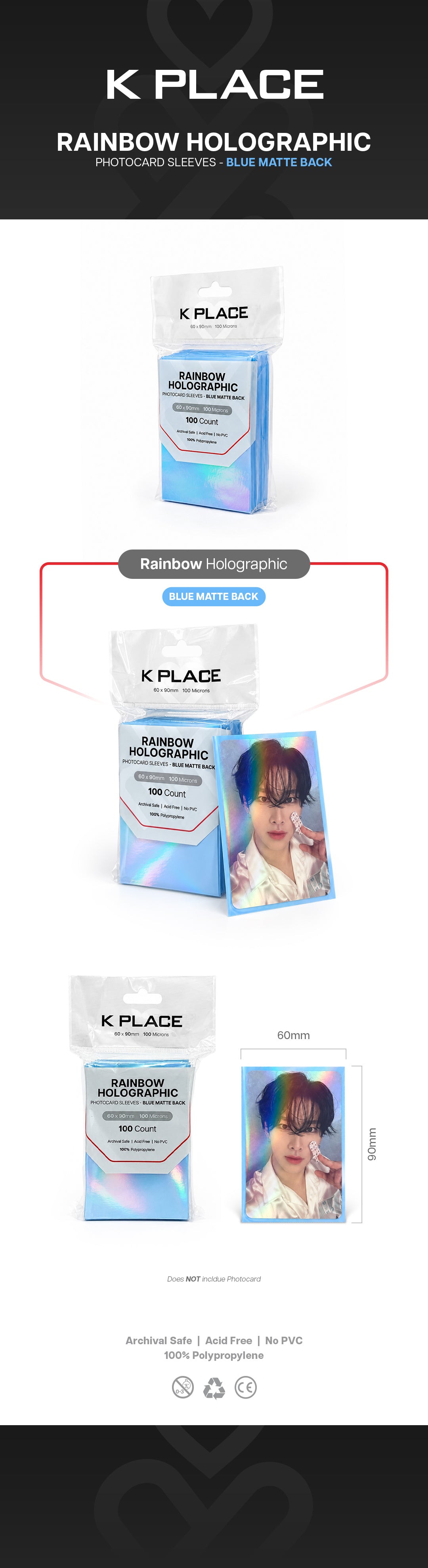 Rainbow Holographic Photocard Sleeves - Blue Matte Back, 60 × 90mm, 100 Microns [100 Count] gallery image 1