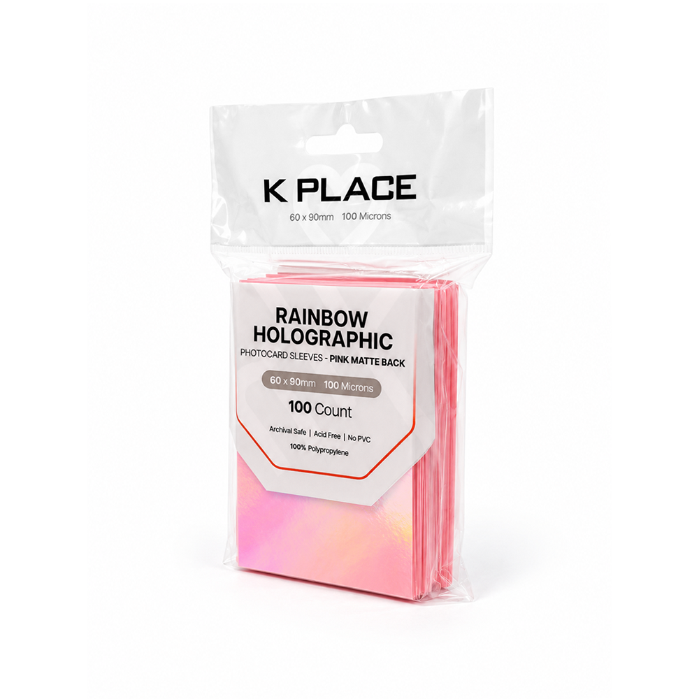 Rainbow Holographic Photocard Sleeves Pink Matte Back 60 × 90mm 100 Microns 100 Count - Main Image