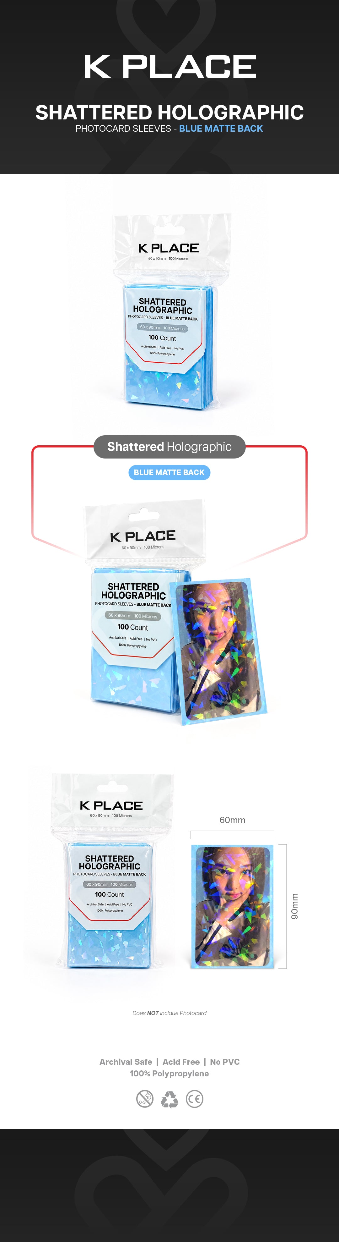 Shattered Holographic Photocard Sleeves - Blue Matte Back, 60 × 90mm, 100 Microns [100 Count] gallery image 1