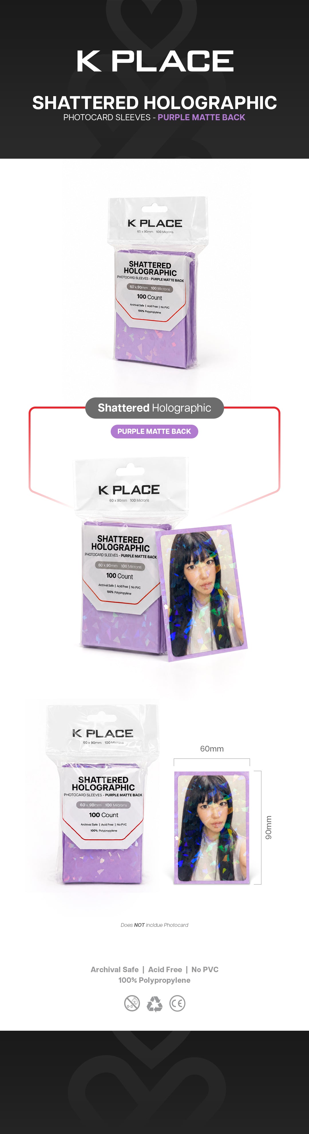 Shattered Holographic Photocard Sleeves - Purple Matte Back, 60 × 90mm, 100 Microns [100 Count] gallery image 1