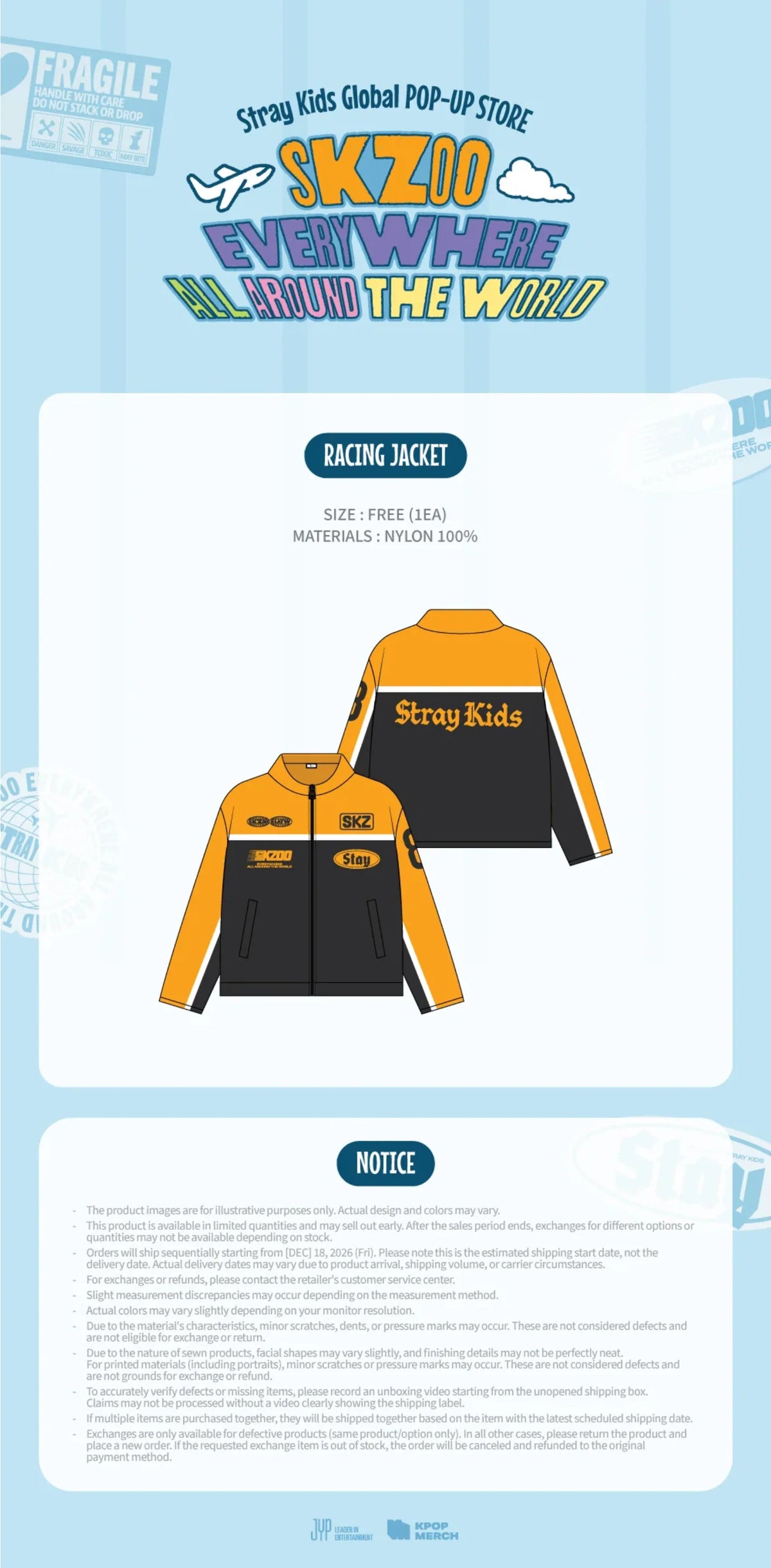 [PRE-ORDER] Stray Kids - Racing Jacket [SKZOO EVERYWHERE ALL AROUND THE WORLD Global POP-UP Official MD] gallery image 1